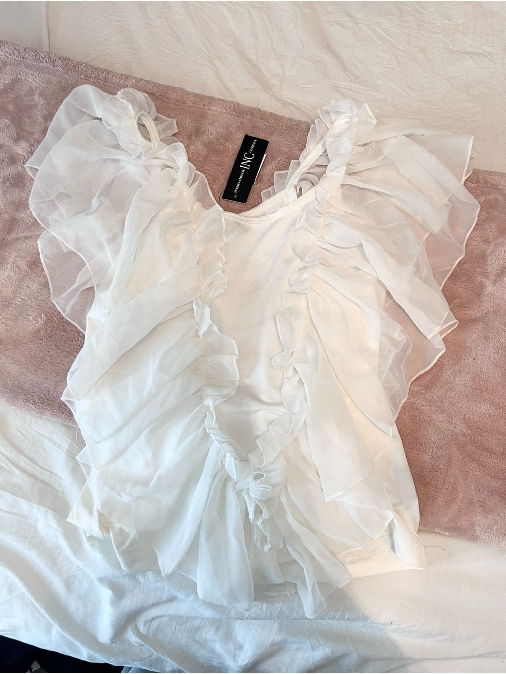 INC International Concepts White Ruffled Flutter Sleeve Blouse
